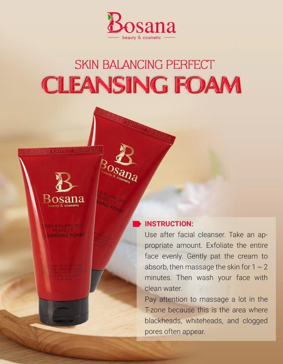 Bosana Skin Balancing Perfect Cleansing Foam with product instructions on packaging.