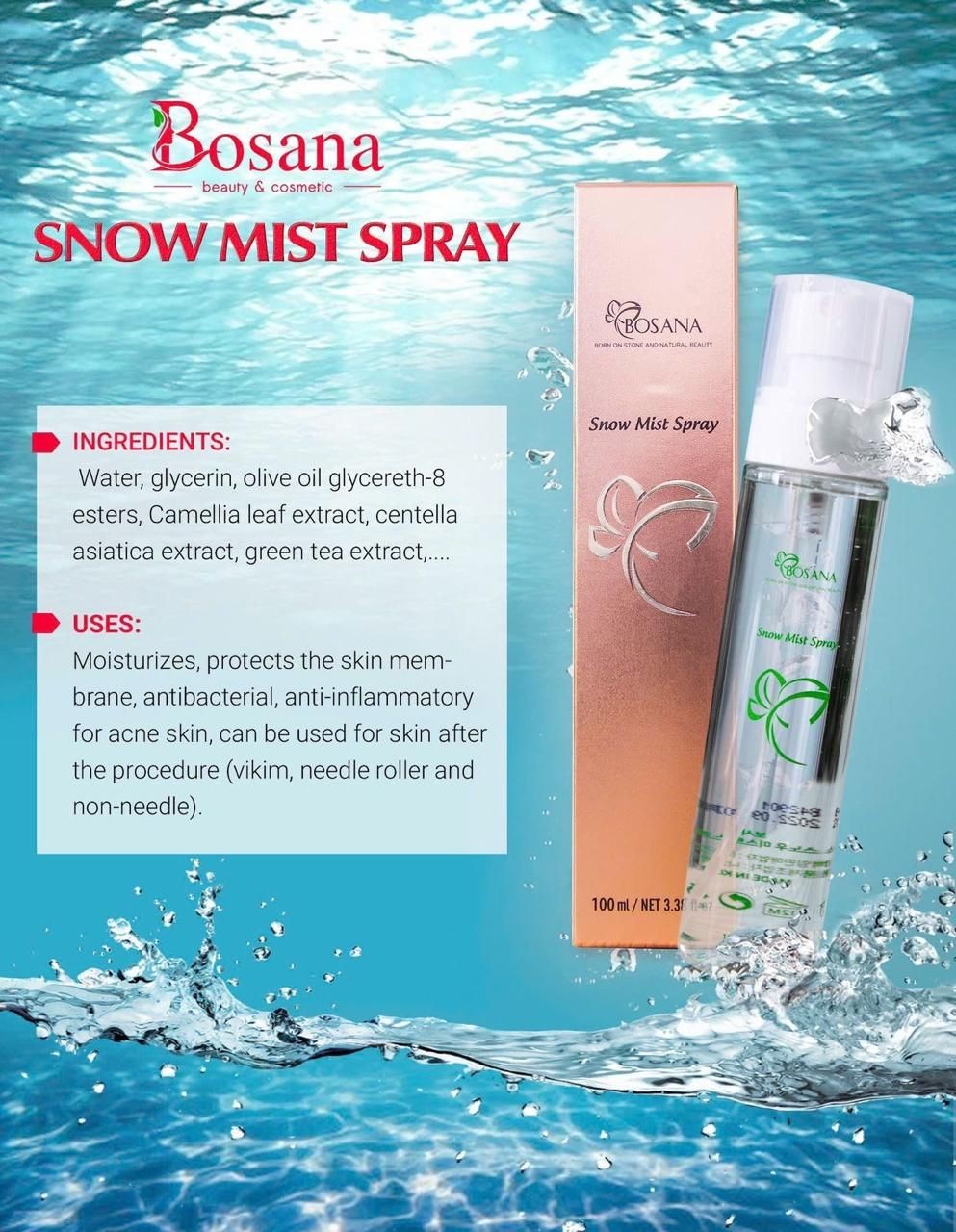 Bosana Snow Mist Spray packaging with water backdrop and ingredient list.