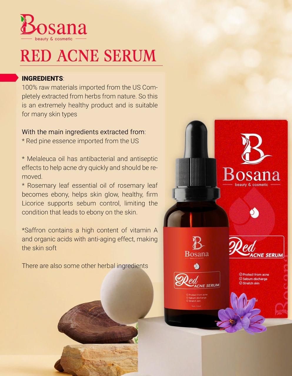 Bosana Red Acne Serum bottle with packaging, ingredients list, and decorative flowers.