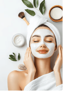 Woman relaxing with clay face mask and towel on head, surrounded by skincare products and leaves.